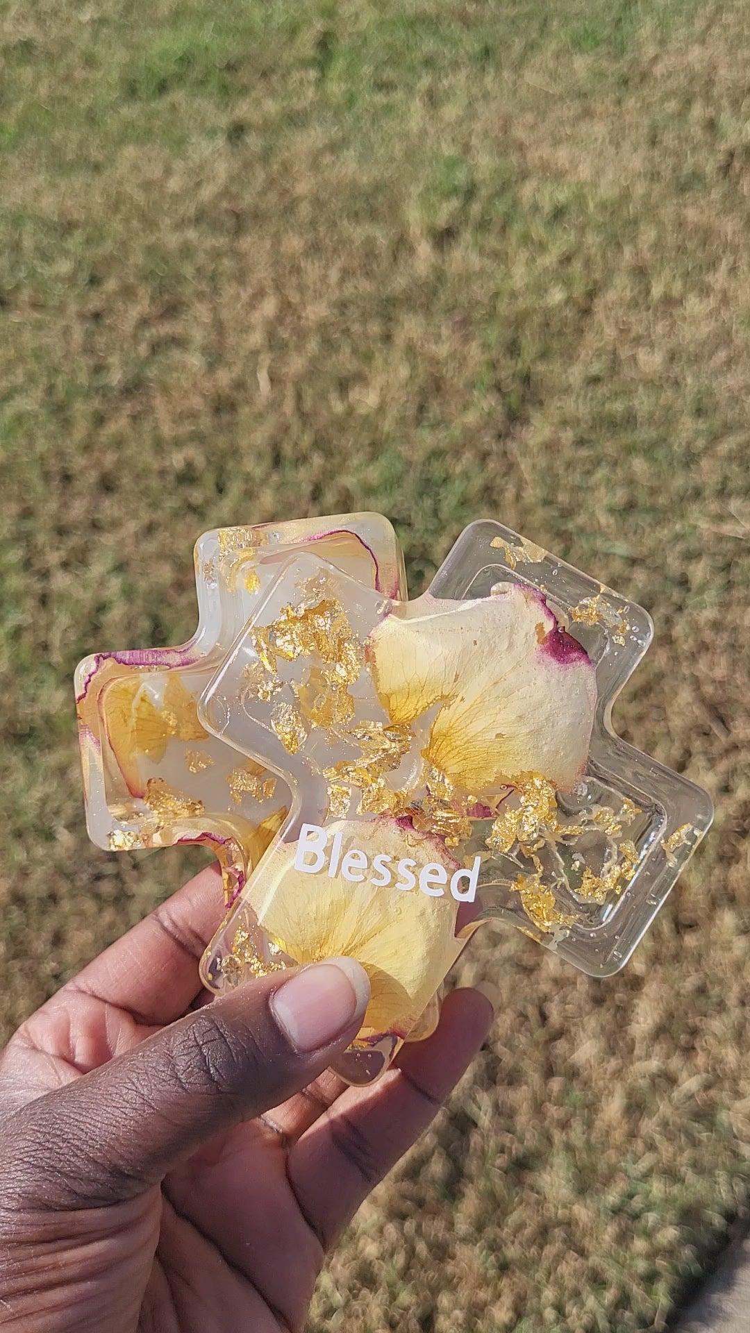 Cross Shaped Trinket & Jewelry Box with Real Flowers & Gold Flakes