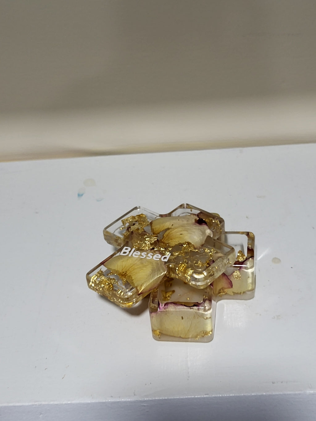 Cross Shaped Trinket & Jewelry Box with Real Flowers & Gold Flakes