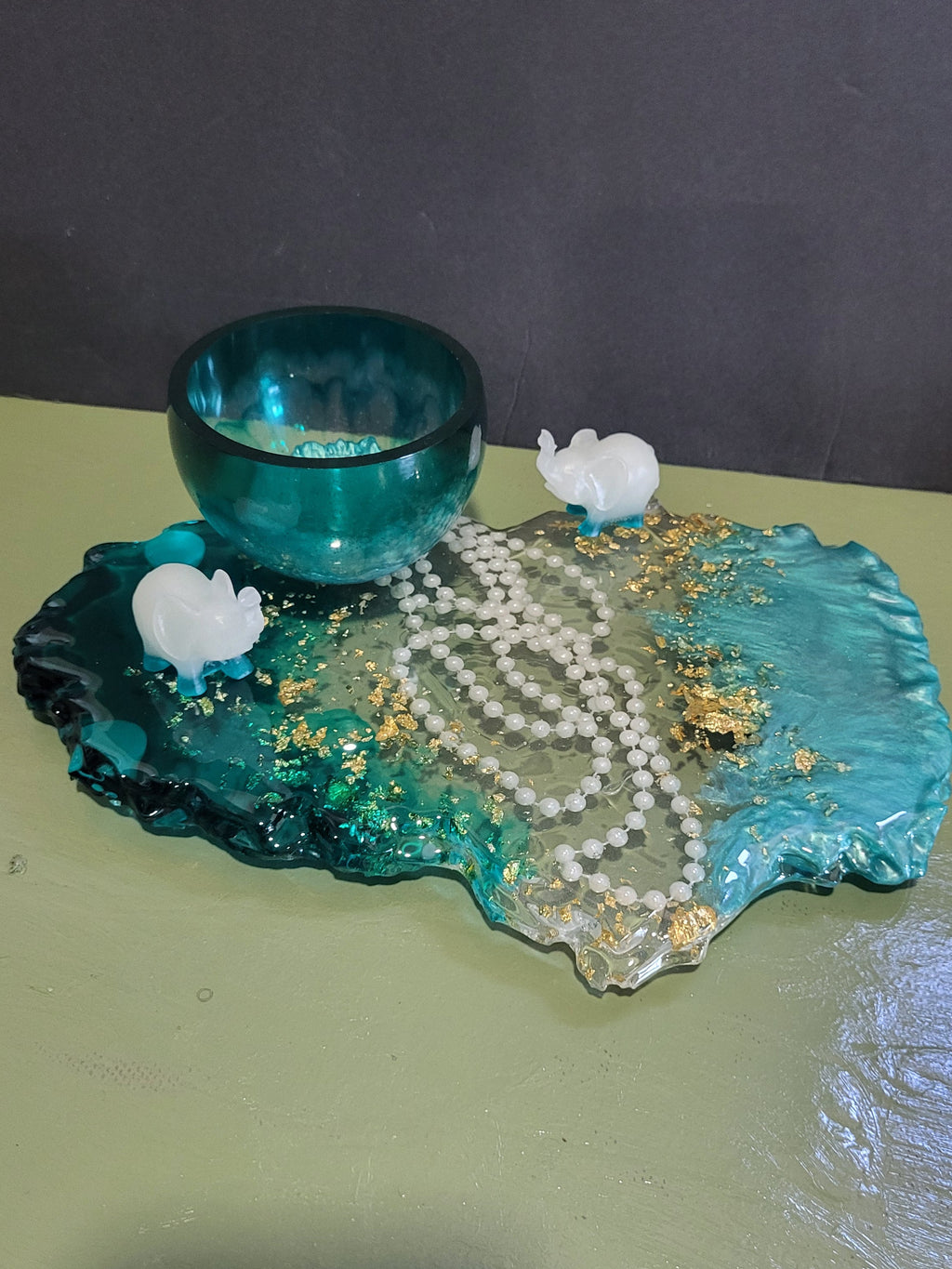 Vanity tray with trinket dish:  teal