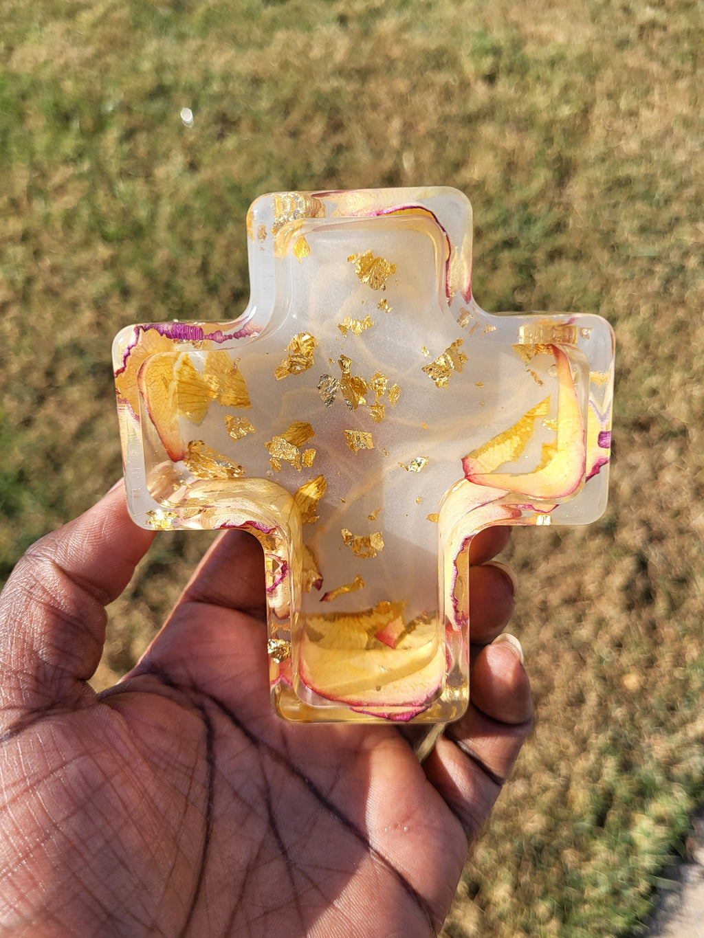 Cross Shaped Trinket & Jewelry Box with Real Flowers & Gold Flakes