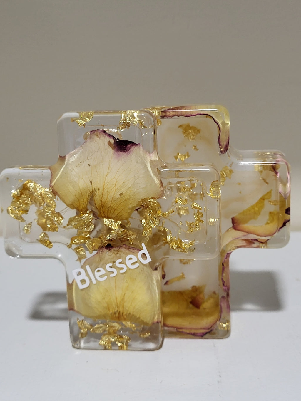 Cross Shaped Trinket & Jewelry Box with Real Flowers & Gold Flakes